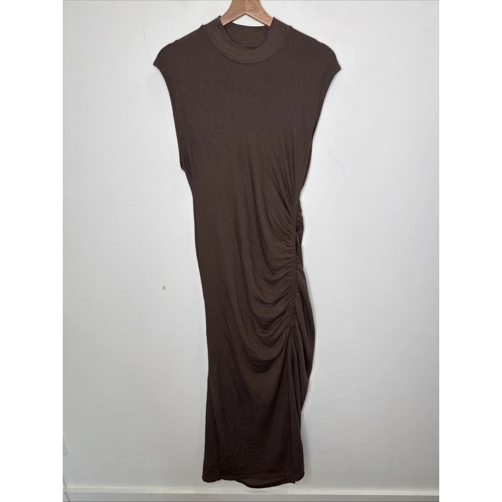 Daily Practice Anthropologie Mock Neck Ruched Maxi Dress M Chocolate Brown Tank - Picture 2 of 8